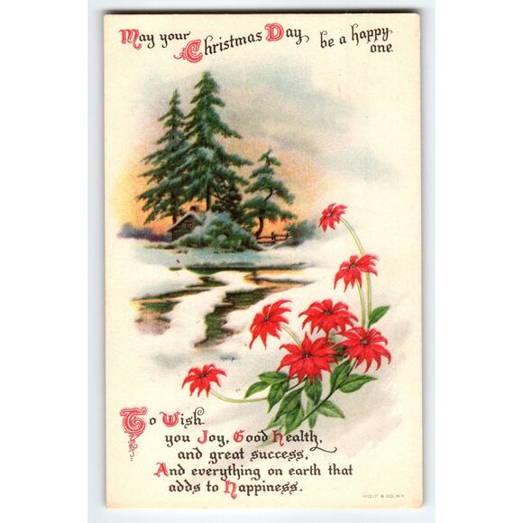 Vintage 1921 Christmas Postcard Winter Cabin & Poinsettias by Wolf & Co. - Picture 1 of 2